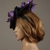 Aubergine sinamay saucer fascinator hatinator hat with purple and black orchid flowers