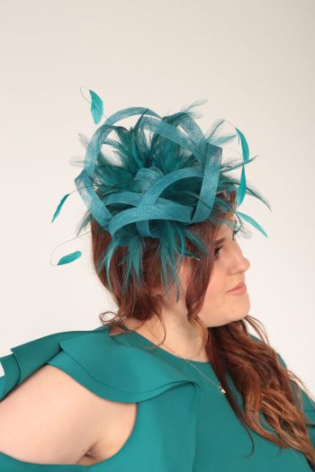 Teal green large sinamay and feather fascinator hat (1)