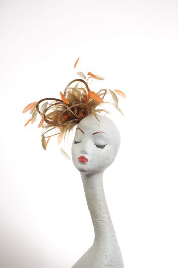 Gold satin Loop Fascinator Hat with gold and orange feathers