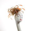 Gold satin Loop Fascinator Hat with gold and orange feathers