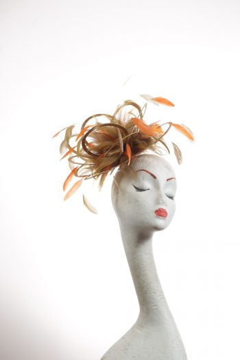 Gold satin Loop Fascinator Hat with gold and orange feathers