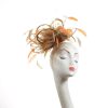 Gold satin Loop Fascinator Hat with gold and orange feathers