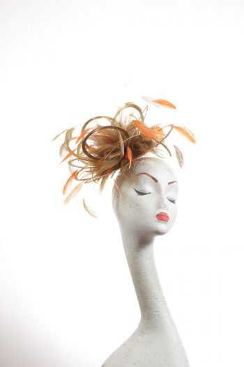 Gold satin Loop Fascinator Hat with gold and orange feathers