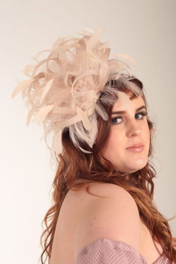 Nude Almond Taupe large sinamay and feather fascinator hat