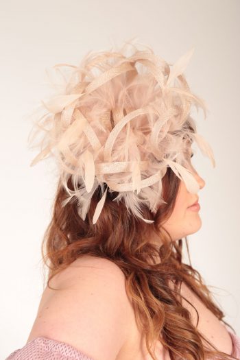 Nude Almond Taupe large sinamay and feather fascinator hat