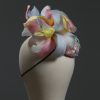 3d lace sinimay button block with rainbow pastel feathers fascinator pillbox hat