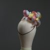 3d lace sinimay button block with rainbow pastel feathers fascinator pillbox hat