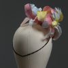 3d lace sinimay button block with rainbow pastel feathers fascinator pillbox hat