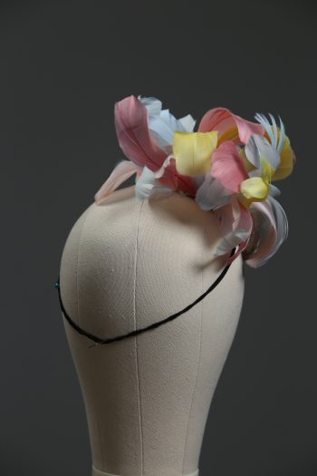 3d lace sinimay button block with rainbow pastel feathers fascinator pillbox hat