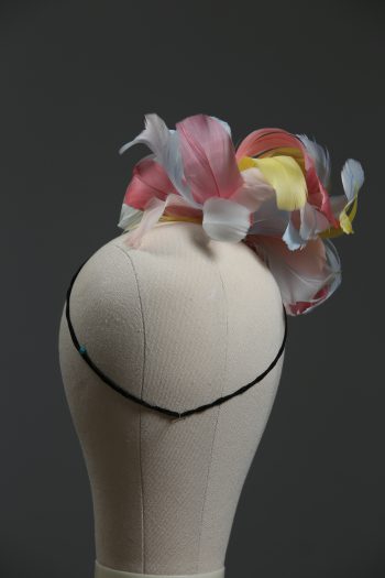 3d lace sinimay button block with rainbow pastel feathers fascinator pillbox hat