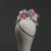 3d lace sinimay button block with rainbow pastel feathers fascinator pillbox hat