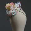 3d lace sinimay button block with rainbow pastel feathers fascinator pillbox hat