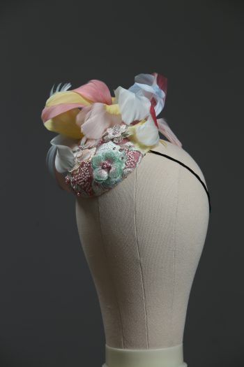 3d lace sinimay button block with rainbow pastel feathers fascinator pillbox hat