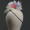 3d lace sinimay button block with rainbow pastel feathers fascinator pillbox hat