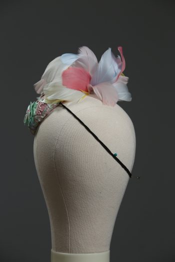 3d lace sinimay button block with rainbow pastel feathers fascinator pillbox hat