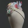 3d lace sinimay button block with rainbow pastel feathers fascinator pillbox hat