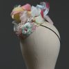 3d lace sinimay button block with rainbow pastel feathers fascinator pillbox hat