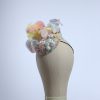 3d lace sinimay button block with rainbow pastel feathers fascinator pillbox hat