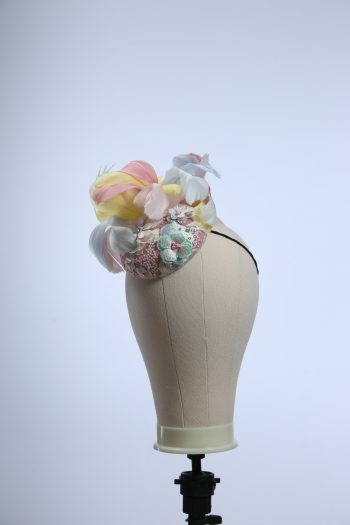 3d lace sinimay button block with rainbow pastel feathers fascinator pillbox hat