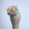 3d lace sinimay button block with rainbow pastel feathers fascinator pillbox hat