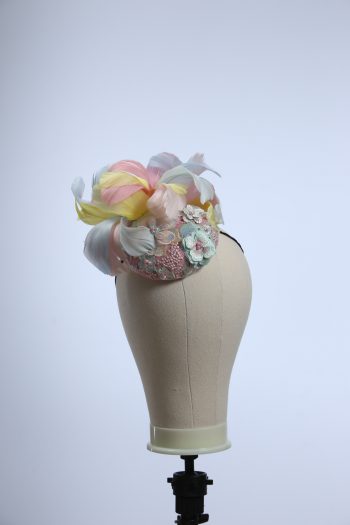 3d lace sinimay button block with rainbow pastel feathers fascinator pillbox hat