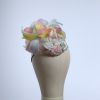 3d lace sinimay button block with rainbow pastel feathers fascinator pillbox hat