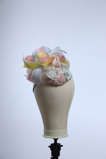 3d lace sinimay button block with rainbow pastel feathers fascinator pillbox hat