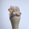 3d lace sinimay button block with rainbow pastel feathers fascinator pillbox hat