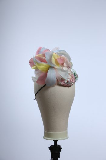 3d lace sinimay button block with rainbow pastel feathers fascinator pillbox hat