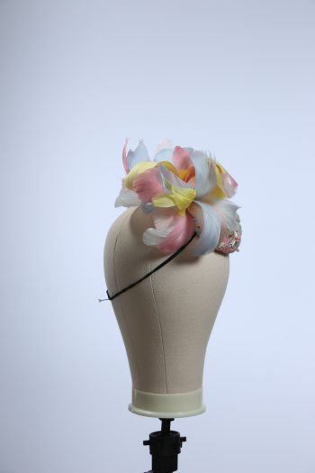 3d lace sinimay button block with rainbow pastel feathers fascinator pillbox hat