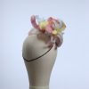 3d lace sinimay button block with rainbow pastel feathers fascinator pillbox hat