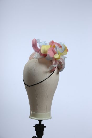 3d lace sinimay button block with rainbow pastel feathers fascinator pillbox hat