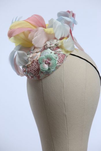 3d lace sinimay button block with rainbow pastel feathers fascinator pillbox hat