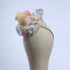 3d lace sinimay button block with rainbow pastel feathers fascinator pillbox hat