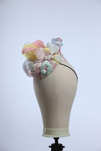 3d lace sinimay button block with rainbow pastel feathers fascinator pillbox hat