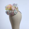 3d lace sinimay button block with rainbow pastel feathers fascinator pillbox hat