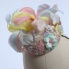 3d lace sinimay button block with rainbow pastel feathers fascinator pillbox hat