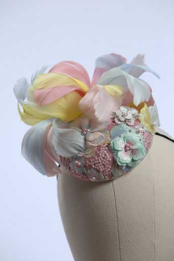 3d lace sinimay button block with rainbow pastel feathers fascinator pillbox hat