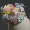 3d lace sinimay button block with rainbow pastel feathers fascinator pillbox hat