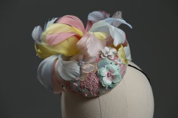 3d lace sinimay button block with rainbow pastel feathers fascinator pillbox hat