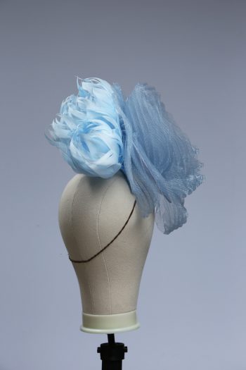 baby blue and cornflower crin percher saucer fascinator hat