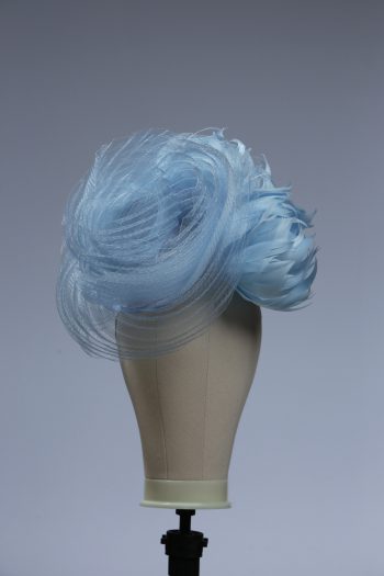 baby blue and cornflower crin percher saucer fascinator hat