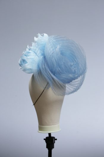 baby blue and cornflower crin percher saucer fascinator hat