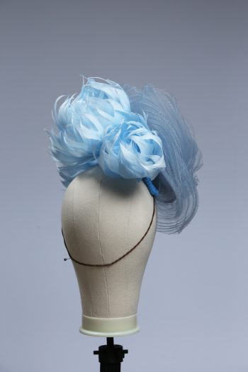 baby blue and cornflower crin percher saucer fascinator hat