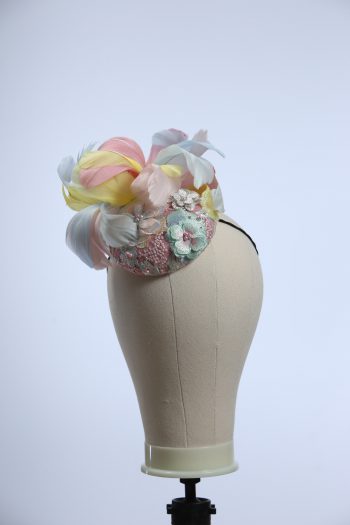 3d lace sinimay button block with rainbow pastel feathers fascinator pillbox hat