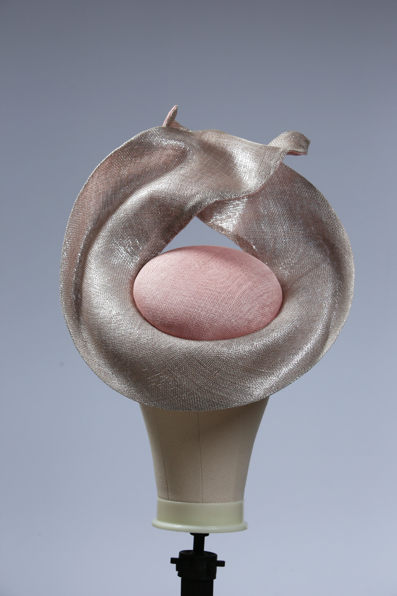 silver and baby pink lm saucer 14 Pale dusky pink button pillbox hat with a silver shimmery lurex saucer