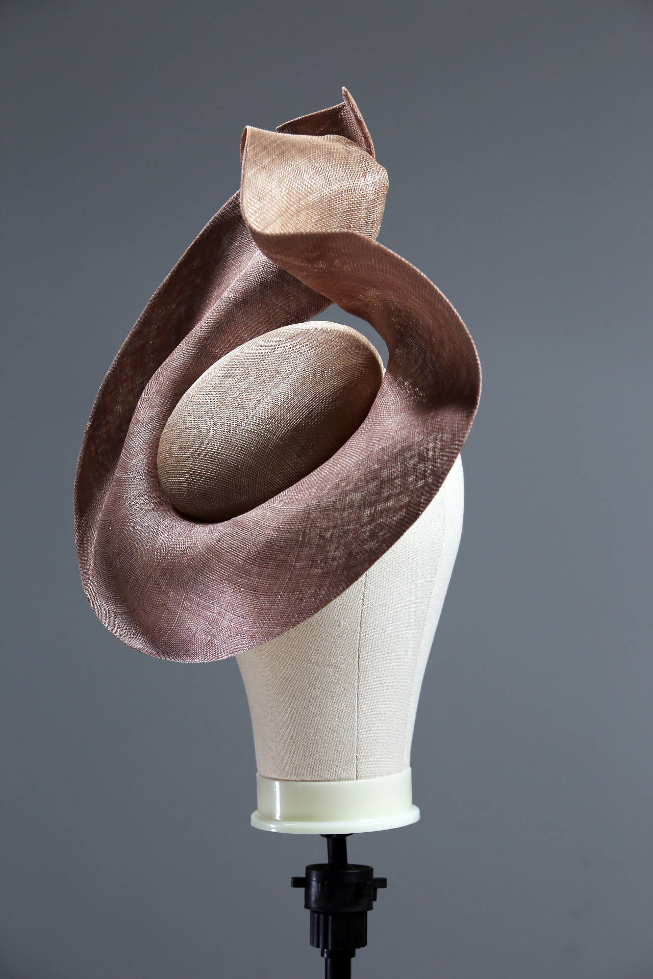 taupe and mink HA saucer 9 Taupe Nude and Mink Sinimay Saucer set on a button pillbox fascinator hat