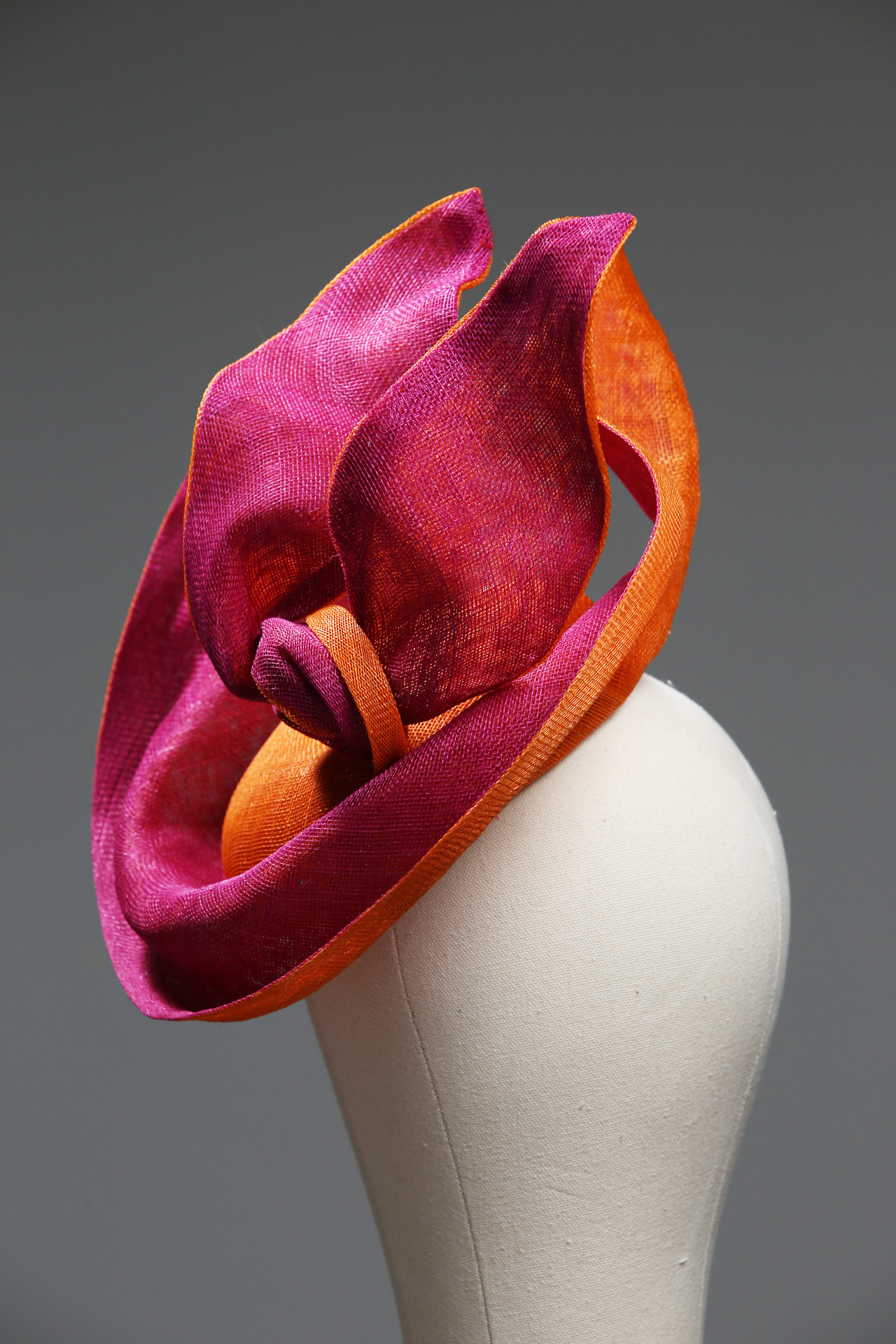 Hot pink and Orange Saucer twisted set on a button fascinator base hat (4) Hot Pink sinamay saucer hat set on a orange button pillbox fascinator