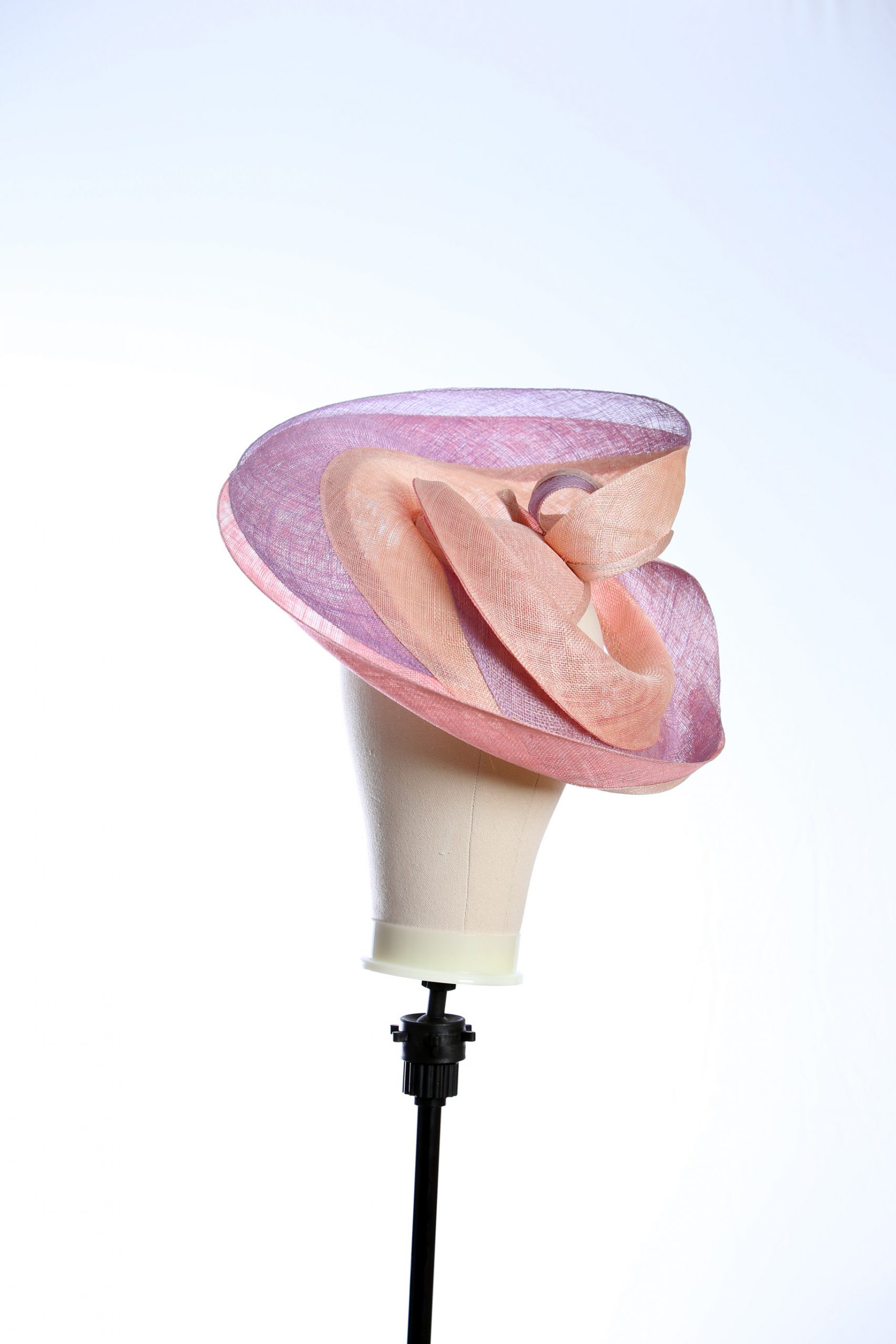 Pink lilac and oyster sinamay swirl fascinator hat set on a teardrop base (13)