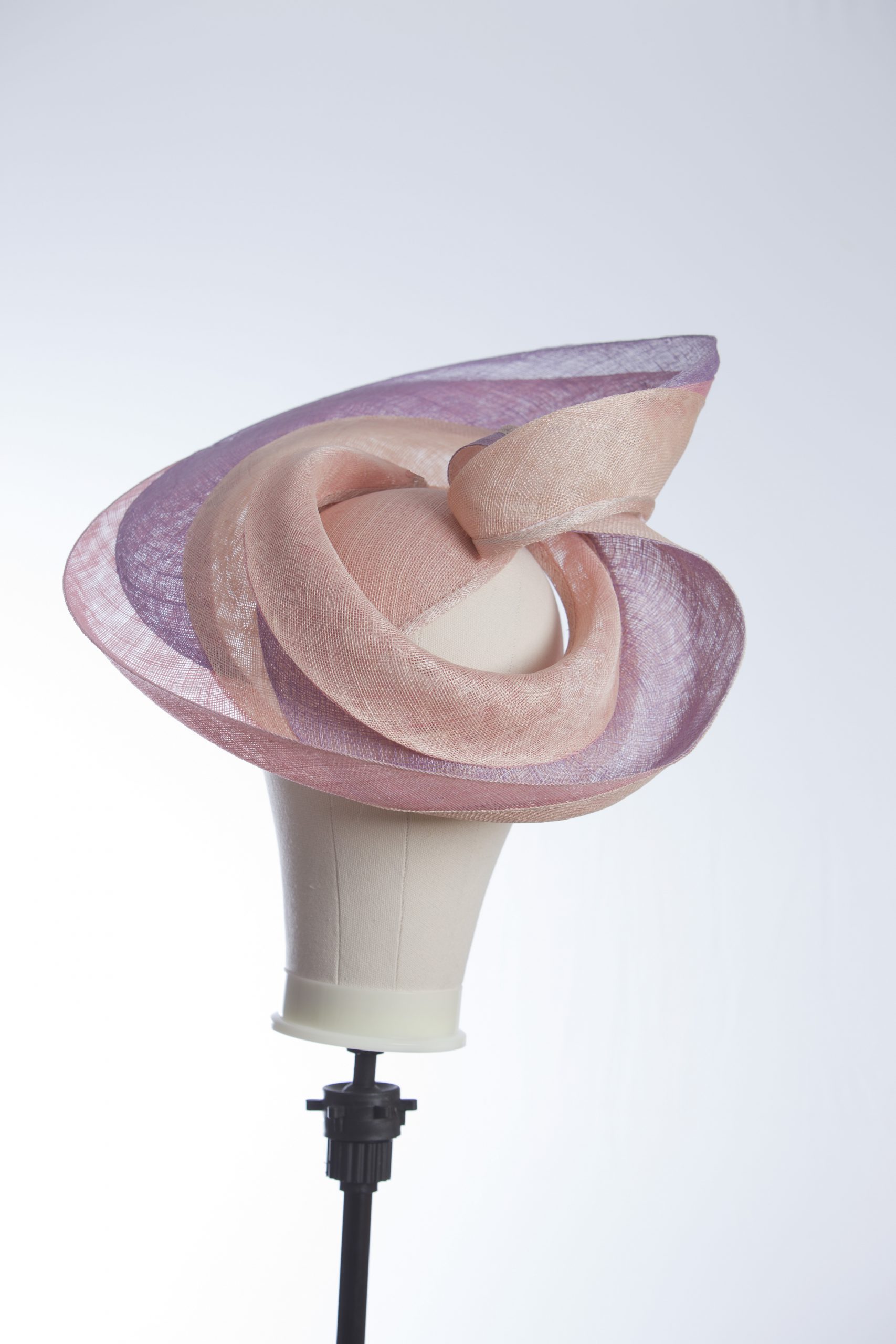 Pink lilac and oyster sinamay swirl fascinator hat set on a teardrop base (9) Pink lilac and oyster sinamay swirl fascinator hat set on a teardrop base